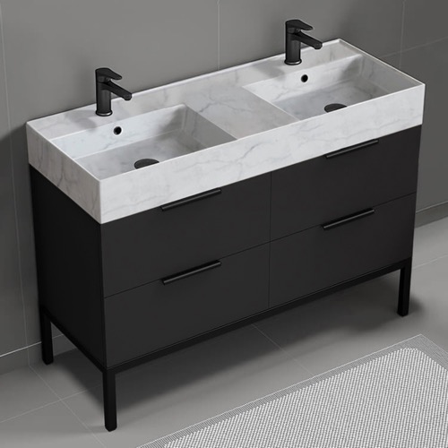Modern Black Double Bathroom Vanity, 48 Inch, Marble Style Sink, Free Standing Nameeks DERIN131