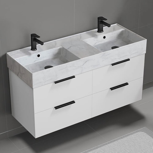 Double Floating Bathroom Vanity, Modern, 48 Inch, Marble Style Sink Nameeks DERIN134