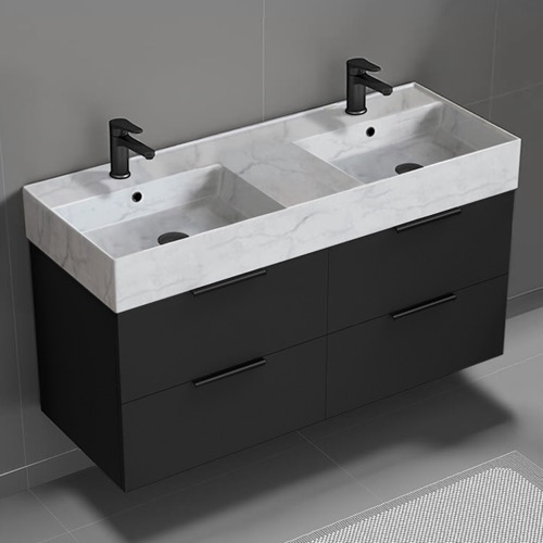 Double Floating Black Bathroom Vanity, Modern, 48 Inch, Marble Style Sink Nameeks DERIN135