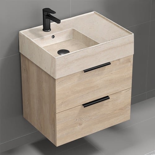 Floating Small Bathroom Vanity, Modern, 24 Inch, Travertine Style Sink Nameeks DERIN139