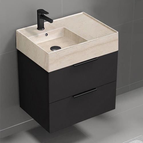 Floating Small Black Bathroom Vanity, Modern, 24 Inch, Travertine Style Sink Nameeks DERIN140