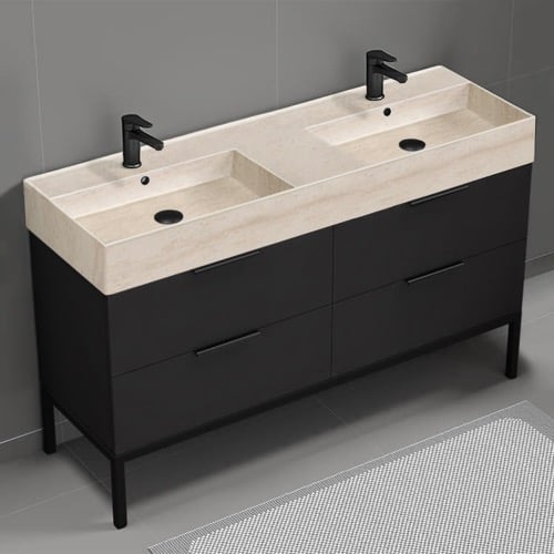 Modern Black Double Bathroom Vanity, 56 Inch, Travertine Style Sink, Free Standing Nameeks DERIN142