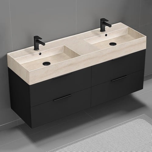 Double Floating Black Bathroom Vanity, Modern, 56 Inch, Travertine Style Sink Nameeks DERIN144