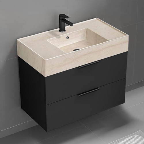 Floating Black Bathroom Vanity, Modern, 32 Inch, Travertine Style Sink Nameeks DERIN148