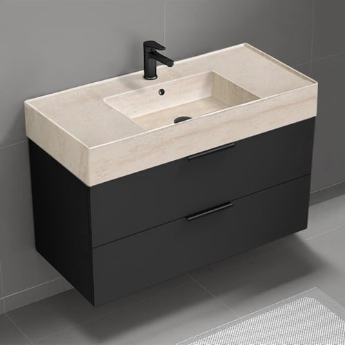 Floating Black Bathroom Vanity, Modern, 40 Inch, Travertine Style Sink Nameeks DERIN152
