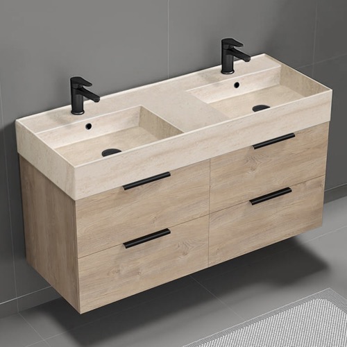 Double Floating Bathroom Vanity, Modern, 48 Inch, Travertine Style Sink Nameeks DERIN155