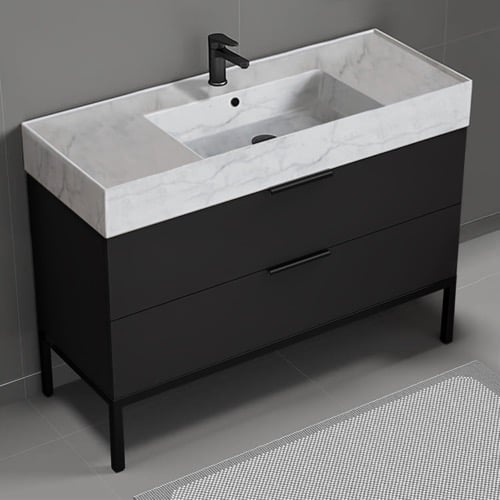 Modern Black Bathroom Vanity, 48 Inch, Marble Style Sink, Free Standing Nameeks DERIN159