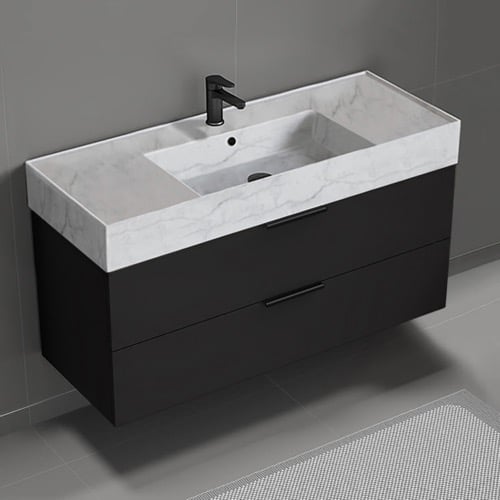 Modern Bathroom Vanity With Marble Design Sink, Wall Mount, 48 Inch, Matte Black Nameeks DERIN163