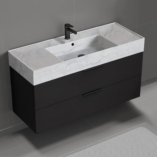 Floating Black Bathroom Vanity, Modern, 48 Inch, Marble Style Sink Nameeks DERIN163