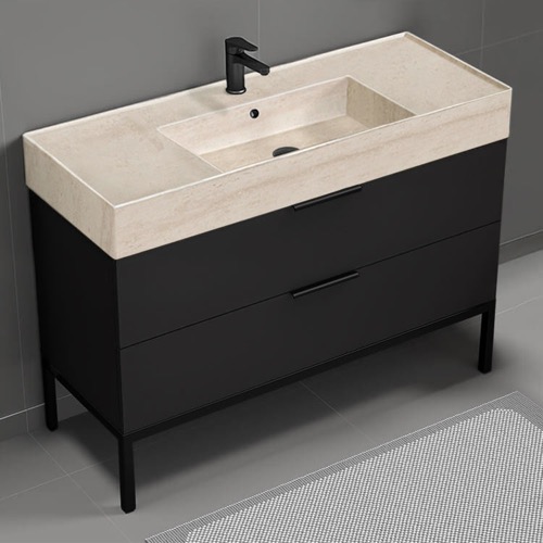 Modern Black Bathroom Vanity, 48 Inch, Travertine Style Sink, Free Standing Nameeks DERIN166