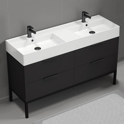 Double Sink Bathroom Vanity, Floor Standing, 56 Inch, Matte Black Nameeks DERIN18