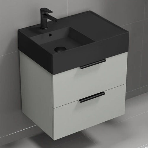 24 Inch Single Floating Bathroom Vanity With Black Ceramic Sink Top - Small, Modern, Grey Mist Nameeks DERIN56