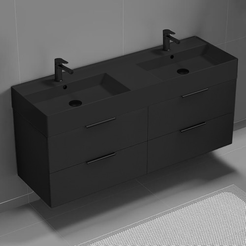 Black Double Floating Bathroom Vanity, Modern, 56 Inch Nameeks DERIN63