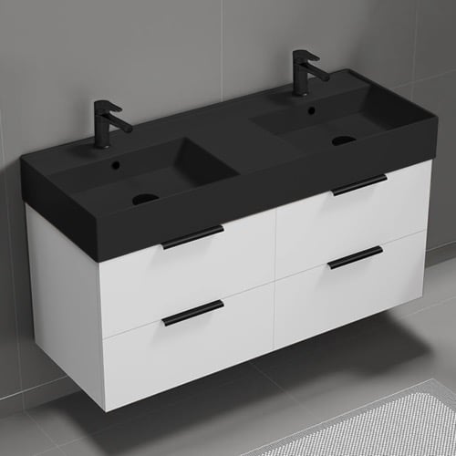 48 Inch Bathroom Vanity With Black Sink, Double Sink, Modern, Wall Mounted, Glossy White Nameeks DERIN94