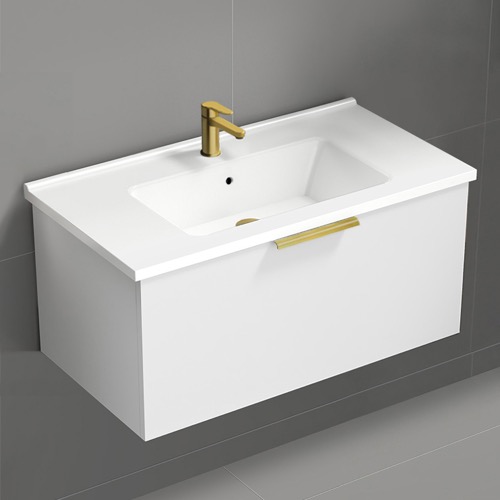 Wall Mounted Bathroom Vanity, Modern, 34 Inch, Gold Handle Nameeks BODRUM34