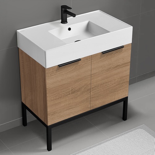 32 Inch Bathroom Vanity With Sink - Modern, Weathered Light Oak, Free Standing Nameeks DERIN1047