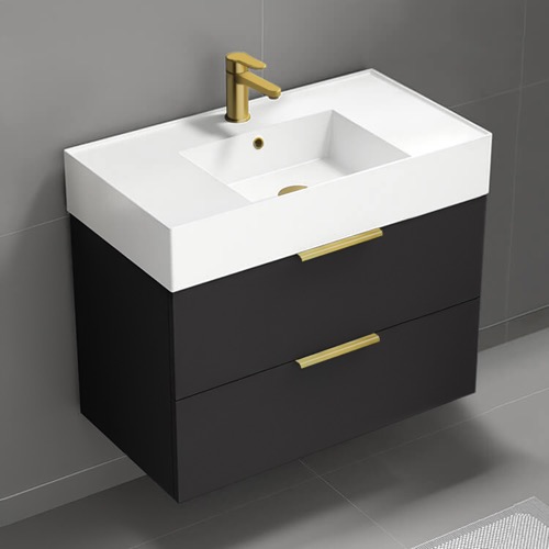 Floating Bathroom Vanity With Sink, 32 Inch, Matte Black, Gold Handles Nameeks DERIN173