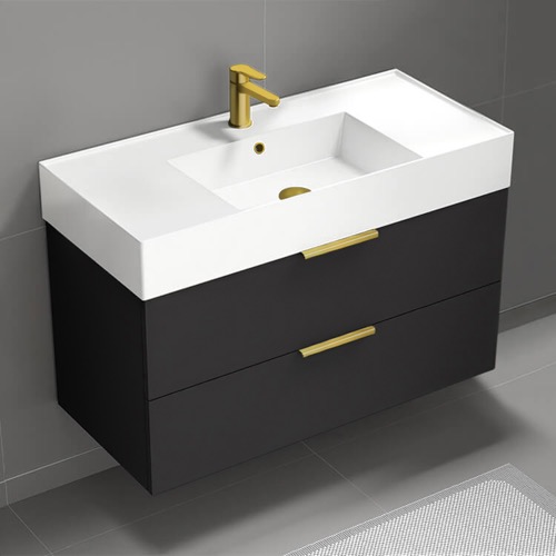 Luxury Floating Bathroom Vanity, 40 Inch, Matte Black, Gold Handles Nameeks DERIN177