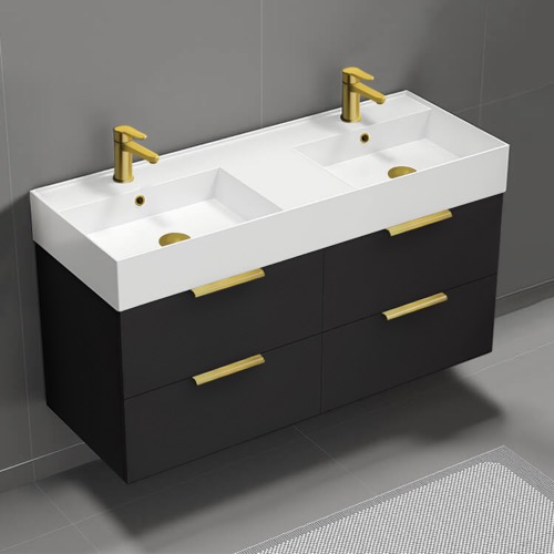 48 Inch Double Floating Bathroom Vanity With Sink - Modern, Matte Black, Gold Handles Nameeks DERIN185