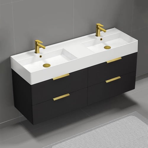56 Inch Double Bathroom Vanity With White Ceramic Sink Top - Modern, Matte Black, Gold Handles Nameeks DERIN189