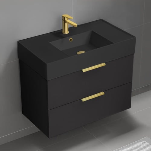 Black Floating Bathroom Vanity - 32 Inch, Modern, Matte Black, Gold Handles Nameeks DERIN197