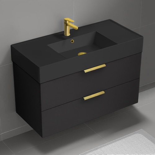 40 Inch Floating Bathroom Vanity With Sink - Modern, Matte Black, Gold Handles Nameeks DERIN201