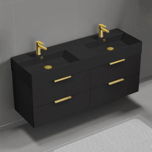56 Inch Double Bathroom Vanity With Black Ceramic Sink Top - Modern, Matte Black, Gold Handles Nameeks DERIN213