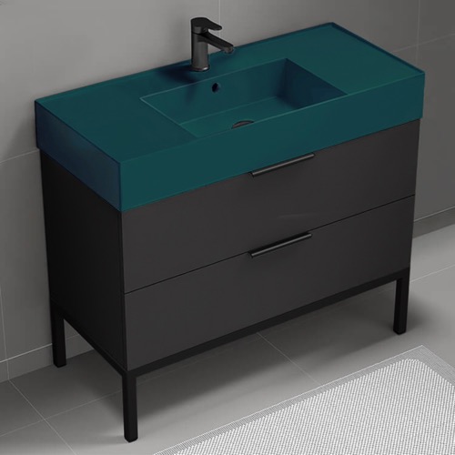 Modern Black Bathroom Vanity, 40 Inch, Green Ceramic Sink, Free Standing Nameeks DERIN317
