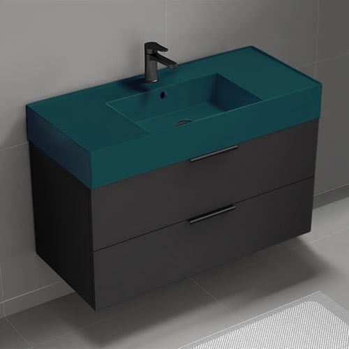 Floating Black Bathroom Vanity, Modern, 40 Inch, Green Ceramic Sink Nameeks DERIN322