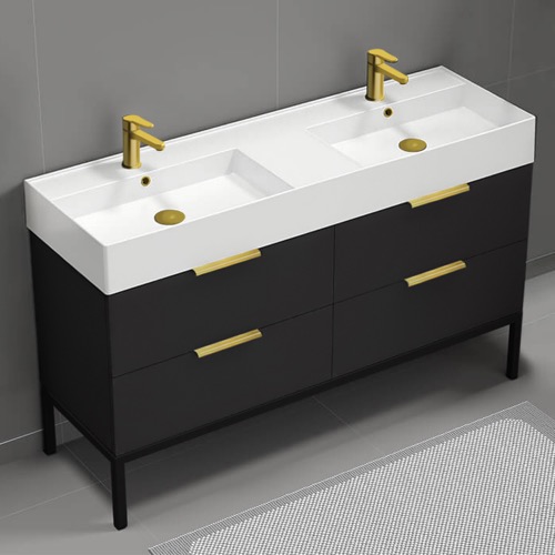 56 Inch Double Floating Bathroom Vanity With White Ceramic Sink Top - Matte Black, Free Standing, Gold Handles Nameeks DERIN346