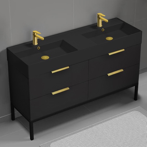 56 Inch Double Floating Bathroom Vanity With Black Ceramic Sink Top - Matte Black, Free Standing, Gold Handles Nameeks DERIN352