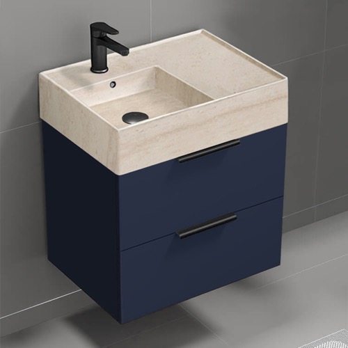 Floating Small Bathroom Vanity, Modern, Blue, 24 Inch, Travertine Style Sink Nameeks DERIN408