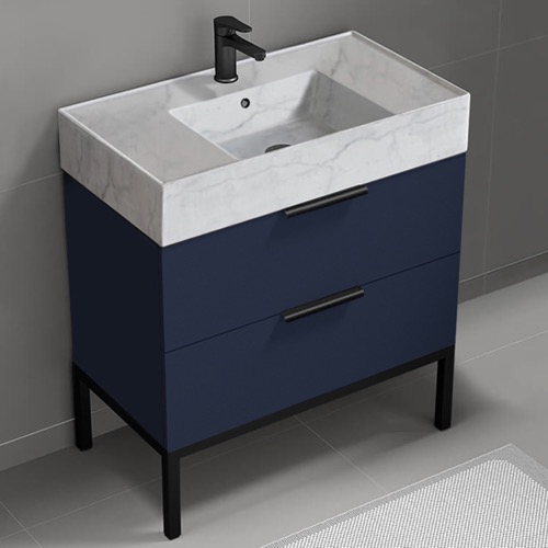 Modern Bathroom Vanity, Blue, 32 Inch, Marble Style Sink, Free Standing Nameeks DERIN415