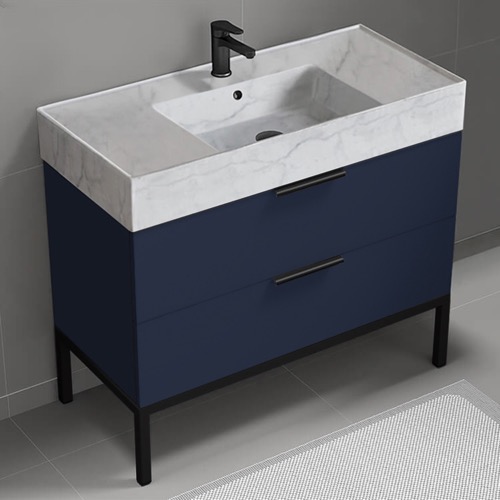 Modern Bathroom Vanity, Blue, 40 Inch, Marble Style Sink, Free Standing Nameeks DERIN427