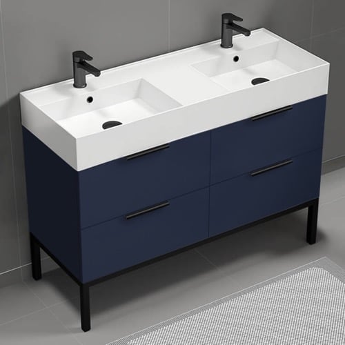 Modern Double Bathroom Vanity, Blue, 48 Inch, Free Standing Nameeks DERIN438