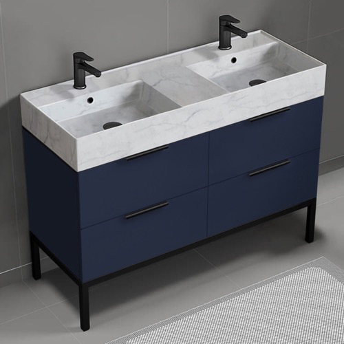 Modern Double Bathroom Vanity, Blue, 48 Inch, Marble Style Sink, Free Standing Nameeks DERIN441