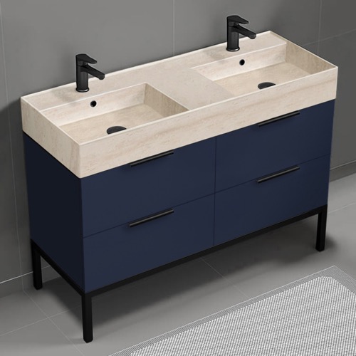Modern Double Bathroom Vanity, Blue, 48 Inch, Travertine Style Sink, Free Standing Nameeks DERIN442