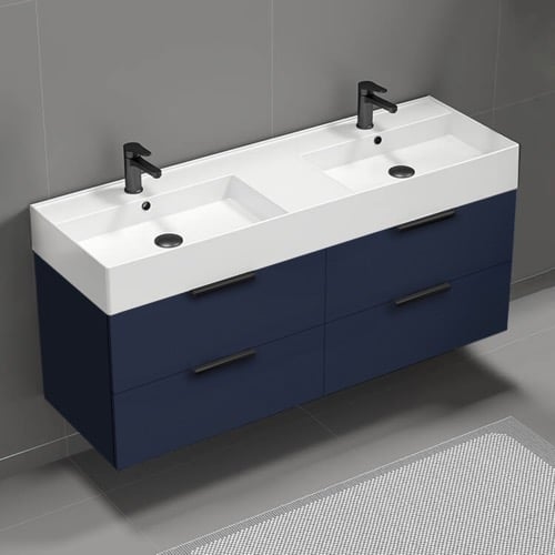 Double Floating Bathroom Vanity, Modern, Blue, 56 Inch Nameeks DERIN465