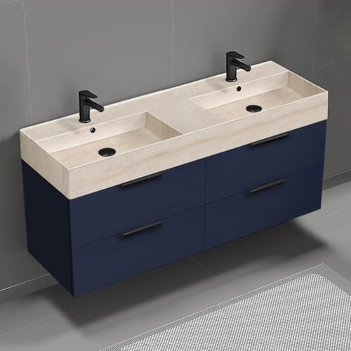 Double Floating Bathroom Vanity, Modern, Blue, 56 Inch, Travertine Style Sink Nameeks DERIN468