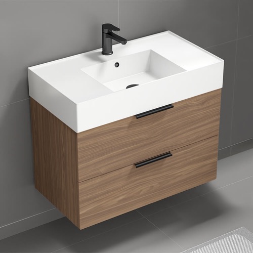 Floating Bathroom Vanity, Modern, Walnut, 32 Inch Nameeks DERIN474