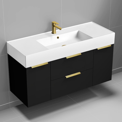48 Inch Floating Bathroom Vanity With Sink - Modern, Matte Black, Gold Handles Nameeks DERIN535