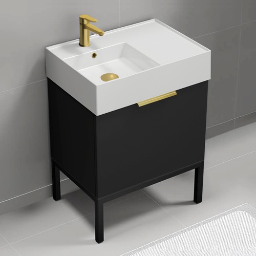 24 Inch Single Bathroom Vanity With White Ceramic Sink Top - Small, Modern, Matte Black, Free Standing Nameeks DERIN561