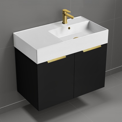 32 Inch Floating Bathroom Vanity With Sink - Modern, Matte Black, Gold Handles Nameeks DERIN611