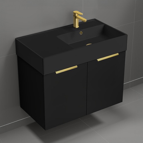 32 Inch Floating Bathroom Vanity With Black Sink - Modern, Matte Black, Gold Handles Nameeks DERIN742