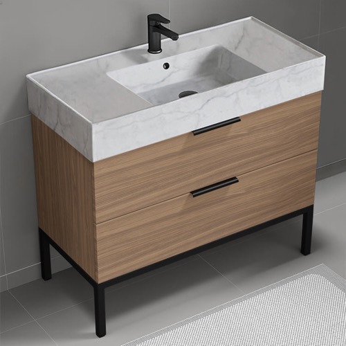 Modern Bathroom Vanity, Walnut, 40 Inch, Marble Style Sink, Free Standing Nameeks DERIN752