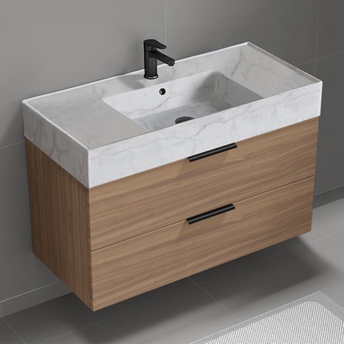 Floating Bathroom Vanity, Modern, Walnut, 40 Inch, Marble Style Sink Nameeks DERIN753