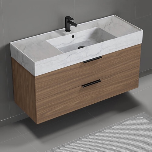 Floating Bathroom Vanity, Modern, Walnut, 48 Inch, Marble Style Sink Nameeks DERIN755