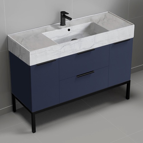 Modern Bathroom Vanity, Blue, 48 Inch, Marble Style Sink, Free Standing Nameeks DERIN775