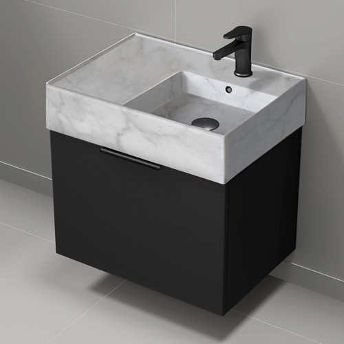 Floating Small Black Bathroom Vanity, Modern, 24 Inch, Marble Style Sink Nameeks DERIN788