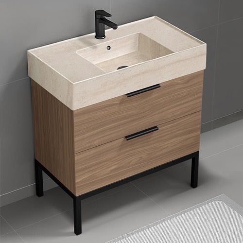 Modern Bathroom Vanity, Walnut, 32 Inch, Travertine Style Sink, Free Standing Nameeks DERIN807